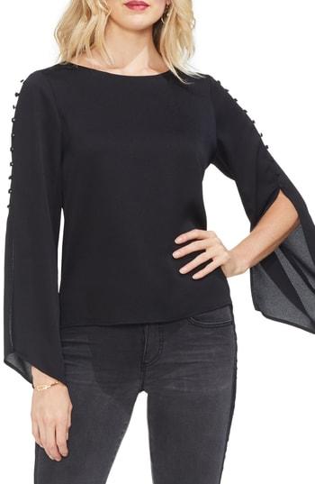 Women's Vince Camuto Button Bell Sleeve Hammer Satin Top, Size - Black
