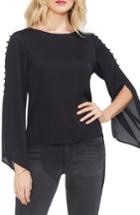 Women's Vince Camuto Button Bell Sleeve Hammer Satin Top, Size - Black