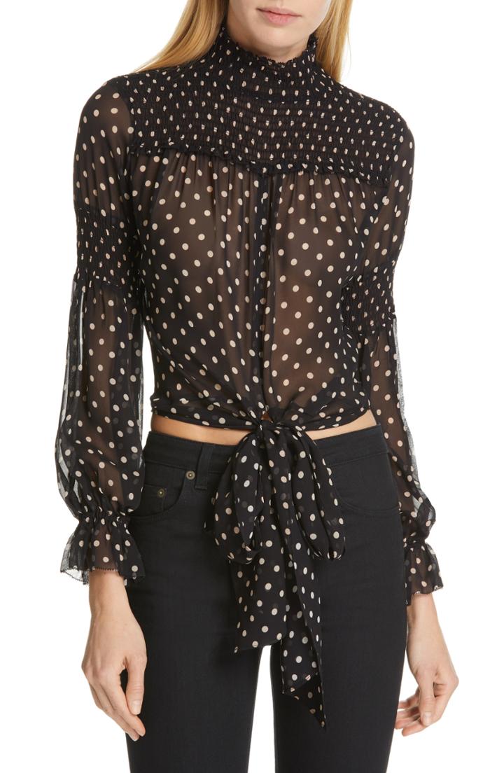 Women's Nicholas Polka Dot Smocked Tie Waist Silk Top - Black