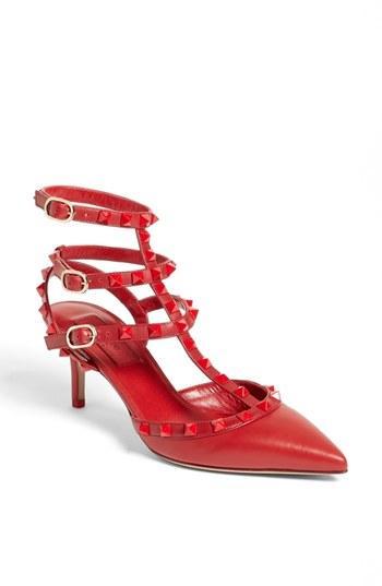 Valentino 'rockstud' Triple Ankle Strap Pump Rouge