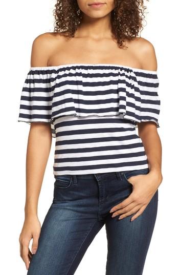 Women's Bp. Stripe Ruffle Off The Shoulder Tee, Size - Blue