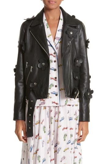 Women's Sandy Liang Petals Delancey Leather Moto Jacket Us / 38 Fr - Black