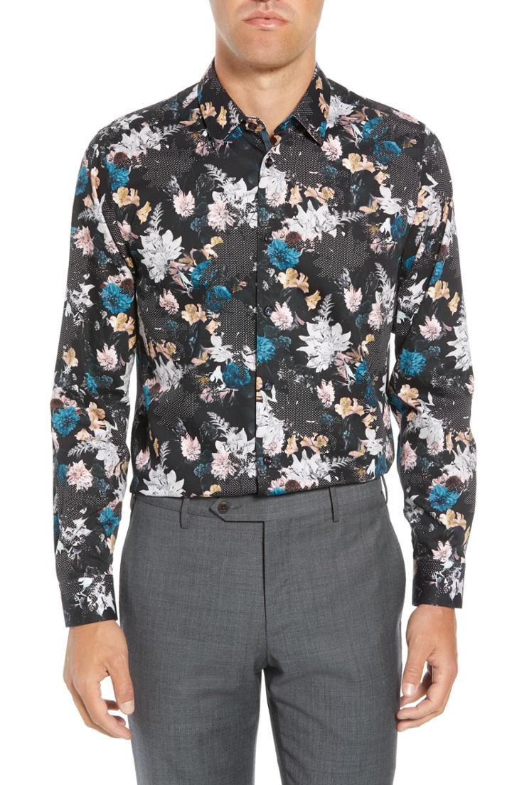 Men's Ted Baker London Rhubarb Modern Fit Floral Dress Shirt .5 - Black