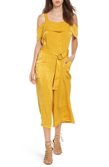 Women's Moon River Satin Cold Shoulder Jumpsuit - Yellow