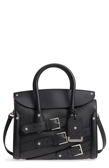 Alexander Mcqueen Heroine 30 Buckle Front Calfskin Leather Satchel - Black