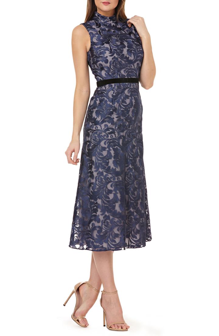 Women's Kay Unger Sleeveless Embroidered Tea Length Dress