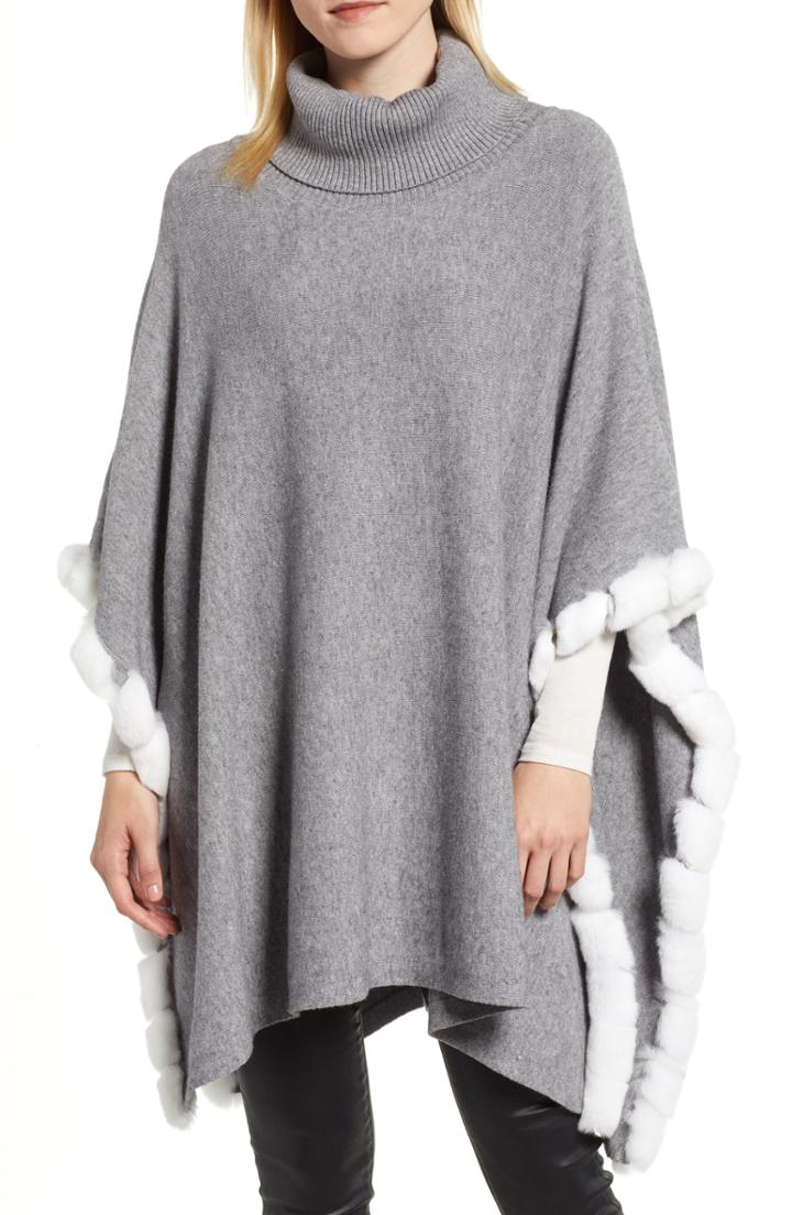 Women's La Fiorentina Turtleneck Poncho With Genuine Rabbit Fur Trim