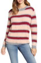 Women's Woven Heart Stripe Eyelash Sweater - Pink