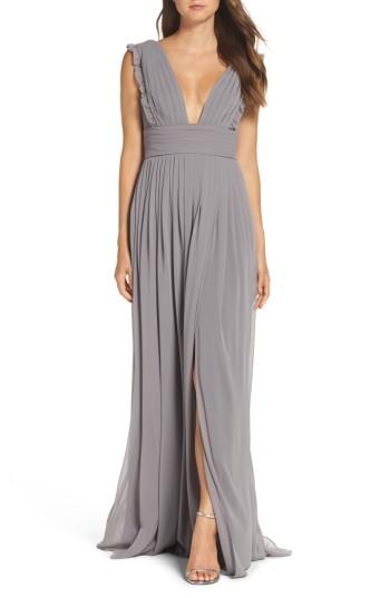 Women's Monique Lhuillier Bridesmaids Deep V-neck Ruffle Pleat Chiffon Gown - Grey