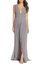 Women's Monique Lhuillier Bridesmaids Deep V-neck Ruffle Pleat Chiffon Gown - Grey