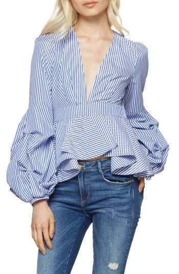 Women's Alpha & Omega Stripe Peplum Blouse - Blue