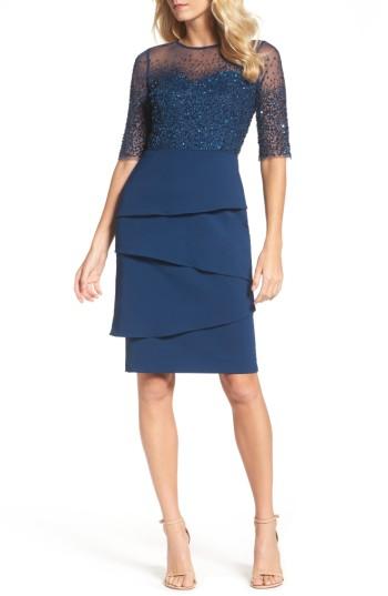 Women's Adrianna Papell Beaded Illusion Tiered Sheath Dress - Blue