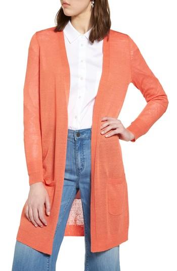 Petite Women's Halogen Long Linen Blend Cardigan, Size P - Coral