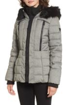 Women's Guess Quilted Hooded Puffer Coat With Faux Fur Trim - Grey