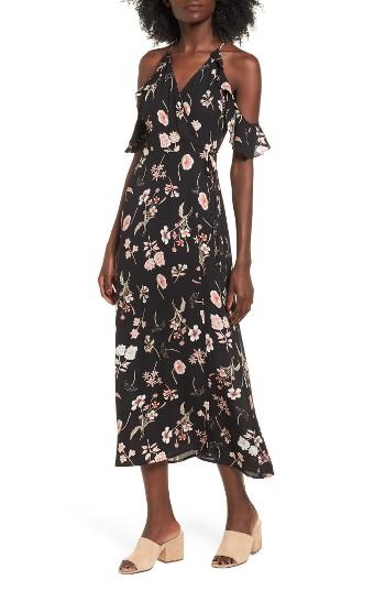 Women's Lush Floral Cold Shoulder Midi Dress - Black
