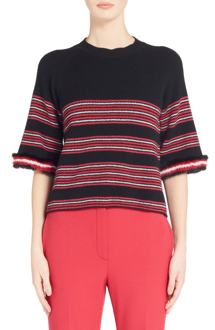 Women's Fendi Genuine Mink Fur Trim Stripe Sweater Us / 42 It - Black