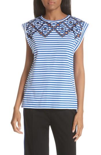 Women's Sandro Stripe Embroidered Stencil Cotton Top - Blue