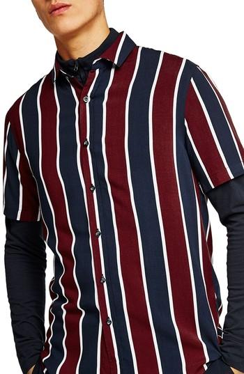 Men's Topman Stripe Viscose Shirt - Burgundy