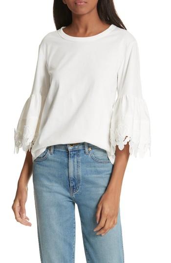 Women's See By Chloe Lace Trim Bell Sleeve Top - White