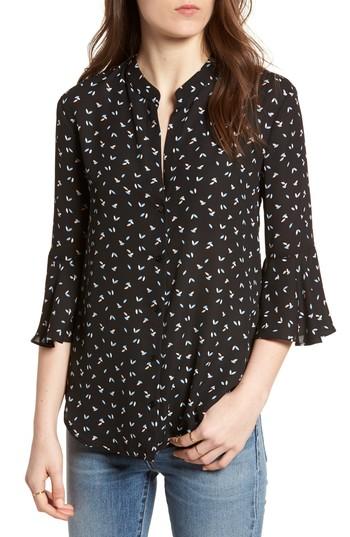 Women's Print Bell Sleeve Shirt - Black
