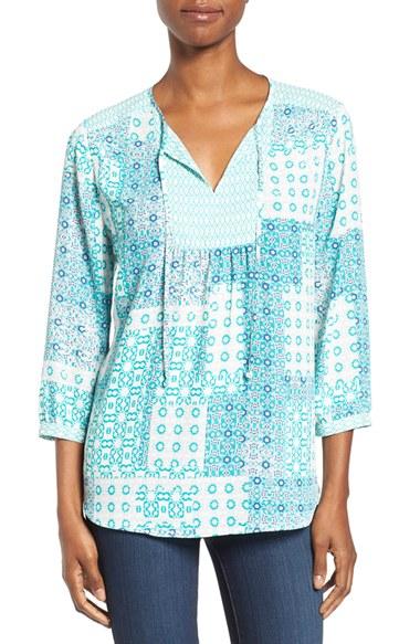 Petite Women's Nydj 'patchwork Mosaic' Print Split Neck Blouse, Size P - Green