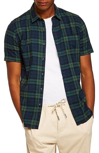 Men's Topman Muscle Fit Black Watch Plaid Shirt - Blue