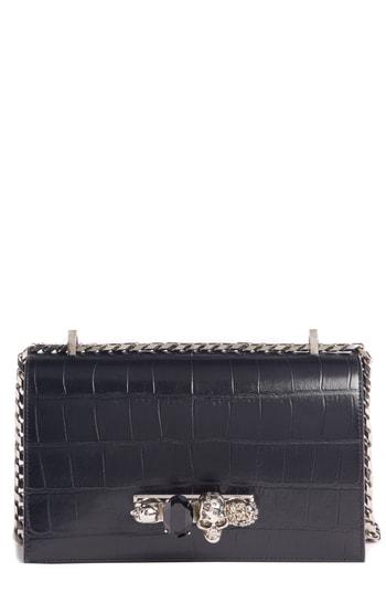 Alexander Mcqueen Croc Embossed Leather Shoulder Bag - Black