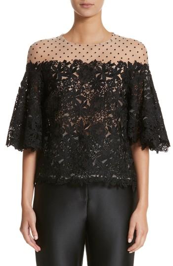 Women's Monique Lhuillier Lace & Dot Flutter Sleeve Top