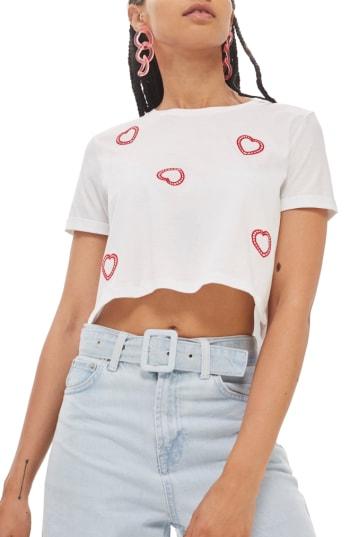 Women's Topshop Embroidered Heart Crop T-shirt Us (fits Like 0-2) - White