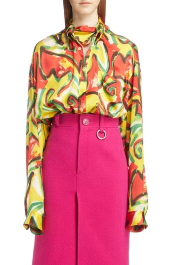 Women's Balenciaga Couture Floral Print Satin Crepon Shirt Us / 36 Fr - Yellow