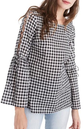 Women's Madewell Lace-up Sleeve Gingham Blouse, Size - Black