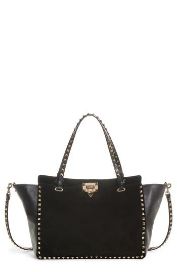 Valentino Garavani Medium Rockstud Suede & Leather Tote - Black