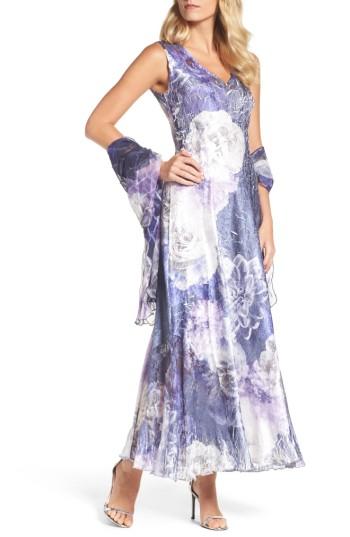 Women's Komarov Lace-up Back Print Maxi Dress With Shawl - Purple