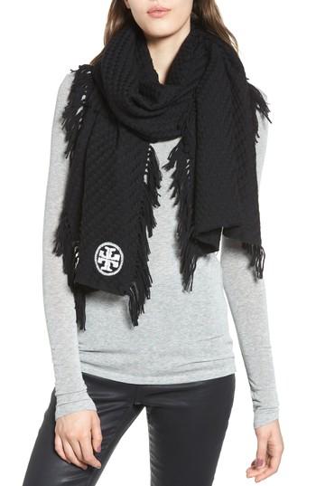 Women's Tory Burch Fringe Merino Wool Scarf, Size - Blue