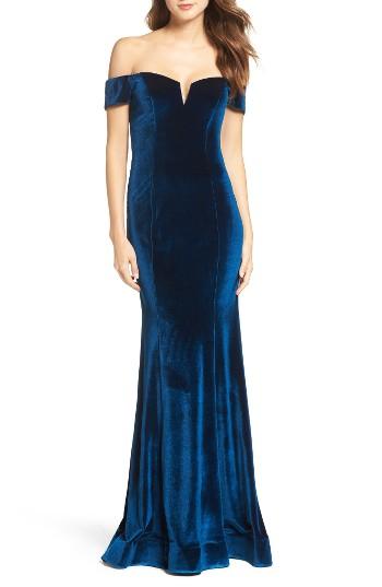 Women's La Femme Velvet Off The Shoulder Gown