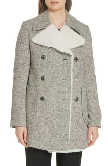 Women's Tory Burch Kinsley Faux Shearling Tweed Coat - Grey