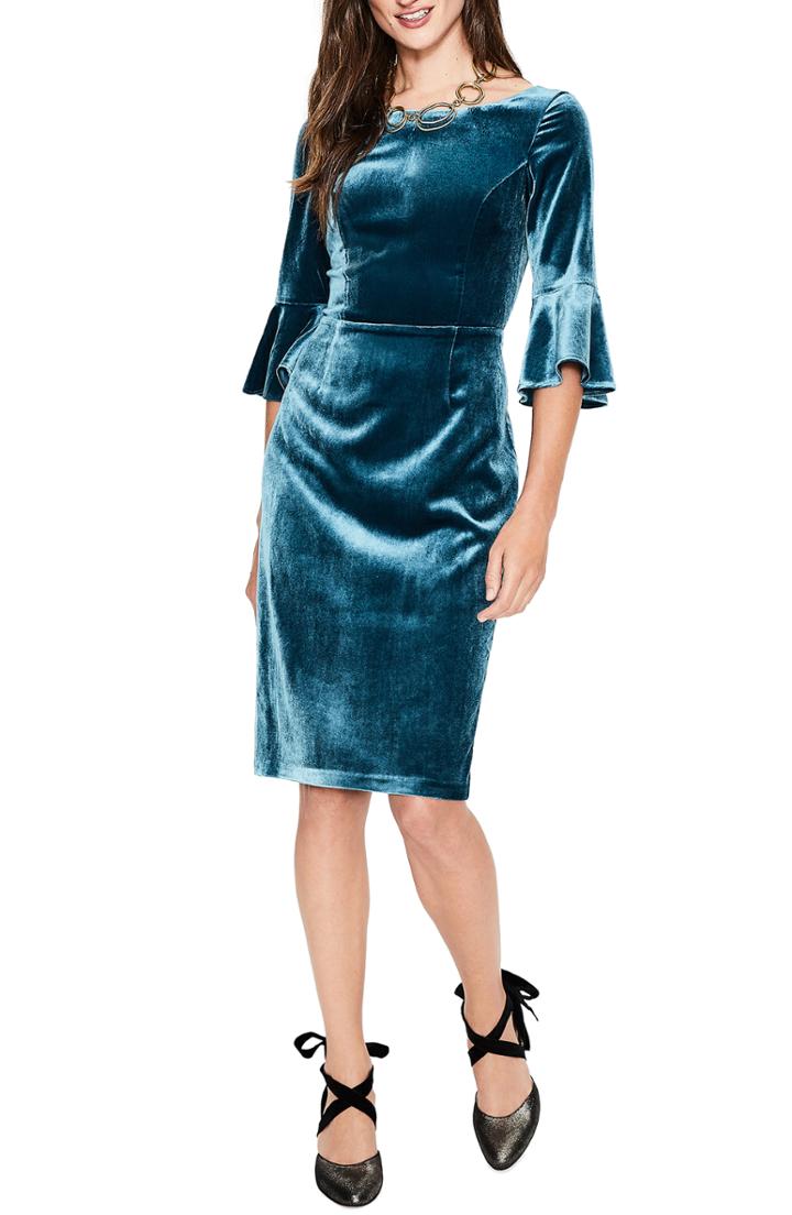 Women's Boden Aubrey Flounce Sleeve Velvet Dress - Blue