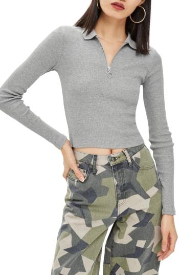 Women's Topshop Front Zip Polo Shirt Us (fits Like 0) - Grey