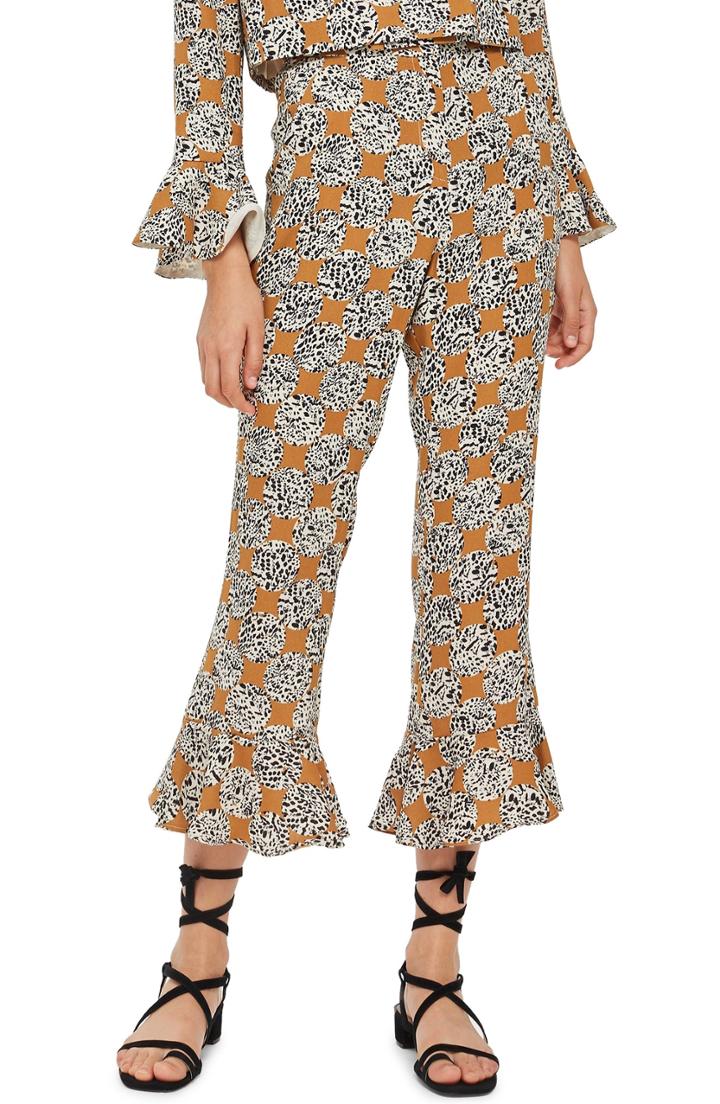 Women's Topshop Leopard Spot Frill Trousers Us (fits Like 0-2) - Brown