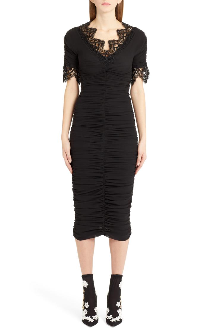 Women's Dolce & Gabbana Lace Trim Ruched Silk Blend Dress Us / 38 It - Black