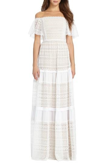 Women's Ml Monique Lhuillier Off The Shoulder Lace Gown - White