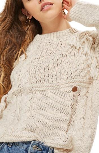 Women's Topshop Distressed Fringe Cable Knit Sweater Us (fits Like 0) - Beige