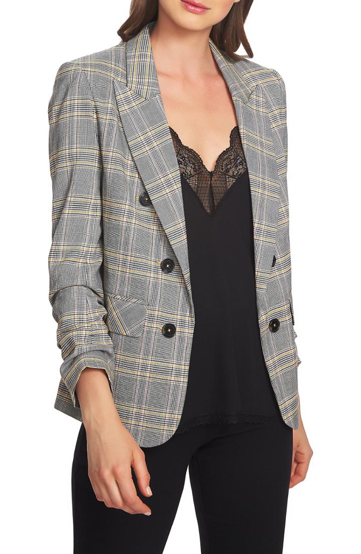 Women's 1.state Menswear Plaid Ruched Sleeve Blazer