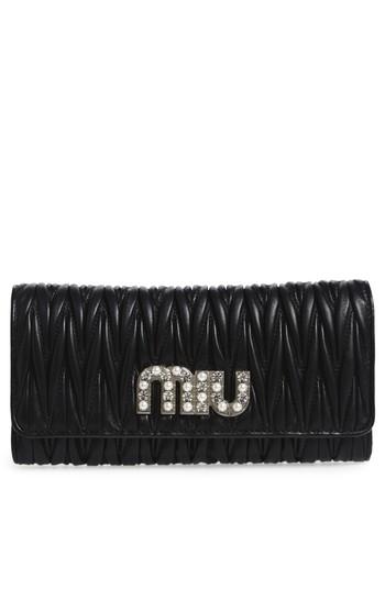 Women's Miu Miu Embellished Logo Matelasse Leather Continental Wallet - Black