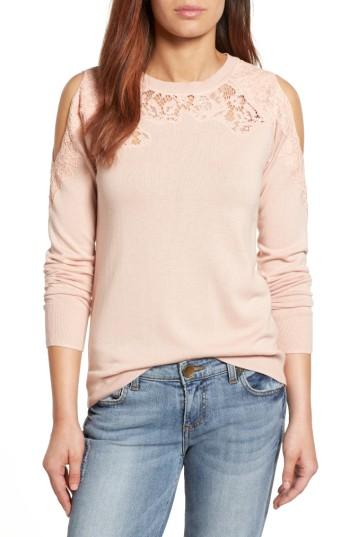 Petite Women's Halogen Lace Detail Cold Shoulder Sweater P - Pink