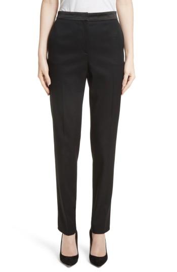 Women's Oscar De La Renta Satin Trim Stretch Wool Gabardine Pants