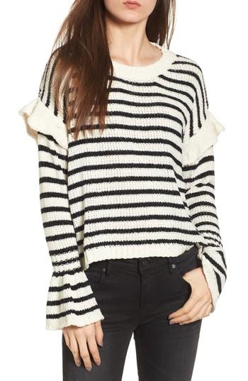 Women's Woven Heart Stripe Ruffle Sweater - Ivory