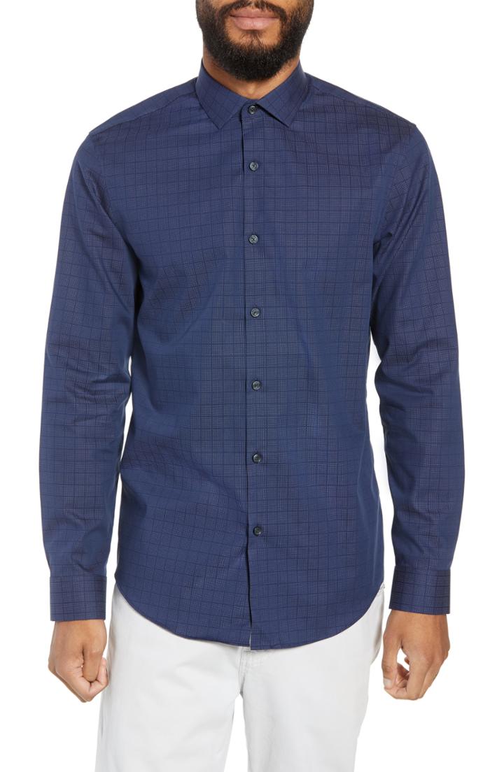 Men's Calibrate Trim Fit Grid Dot Sport Shirt, Size - Blue