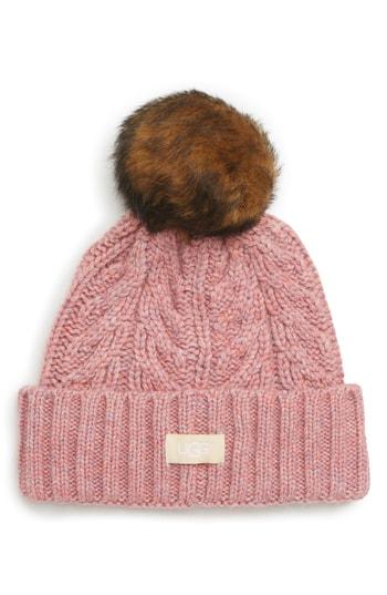 Women's Ugg Pompom Cable Genuine Shearling Beanie - Pink