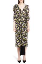 Women's Magda Butrym Ruched Floral Print Silk Midi Dress Us / 34 Fr - Black
